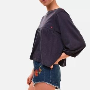 Sundry Navy Blue Embroidered Hearts 3/4 Sleeve Top